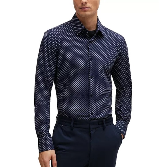 Hugo Boss Slim Fit Stretch Button Down Dress Shirt Medium Navy and White - Picture 1 of 9